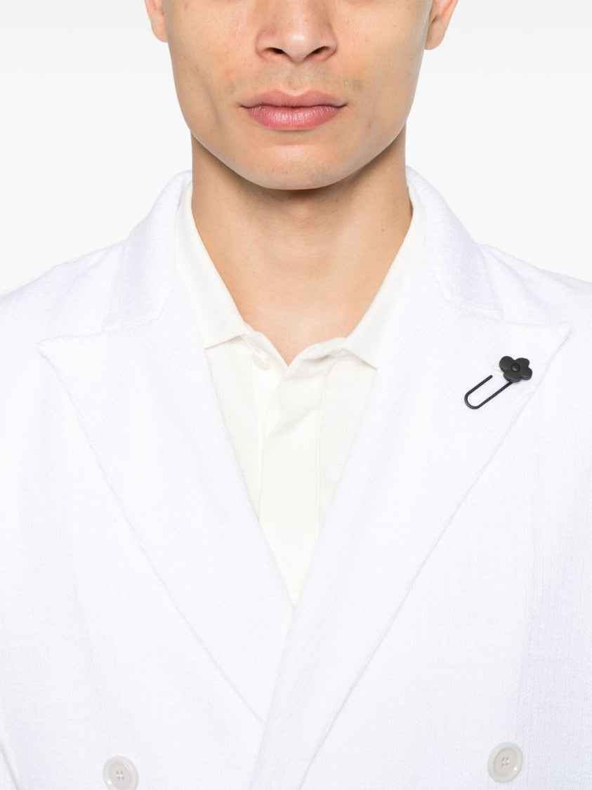 Lardini Double-Breasted Linen Jacket With Brooch Detail
