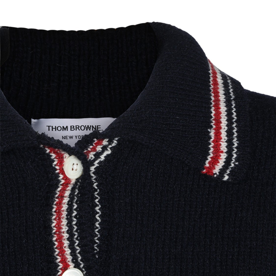 Thom Browne Button-Up Sweater With Unique Dog Pattern And Striped Cuffs