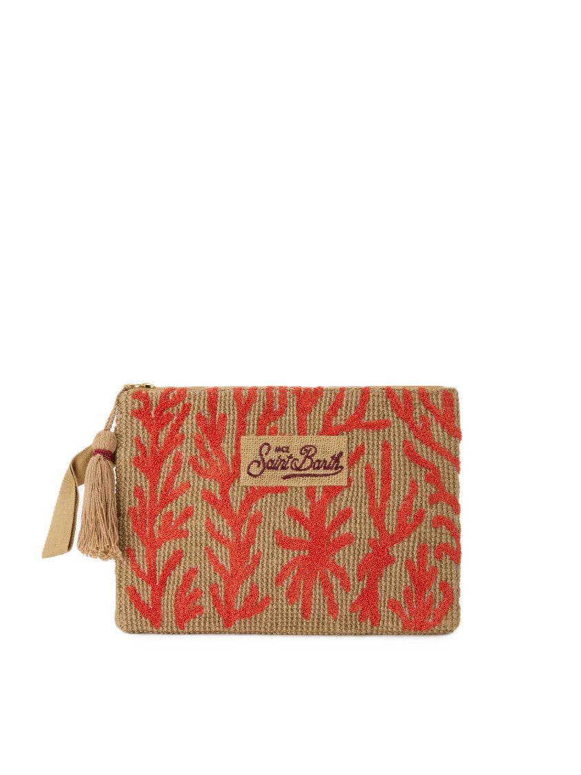 Mc2 Saint Barth Textured Rectangular Clutch Bag With Coral Embroidery
