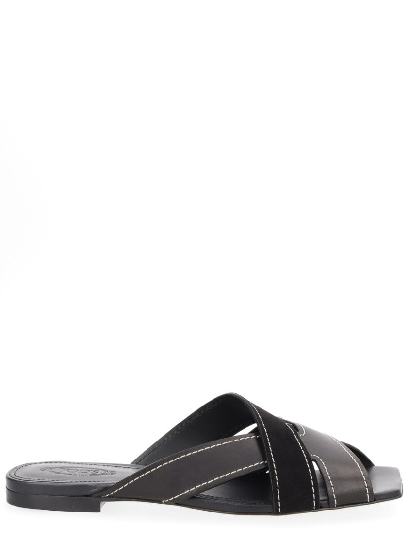 Tod's Cross-Strap Flat Square Toe Leather Sandals