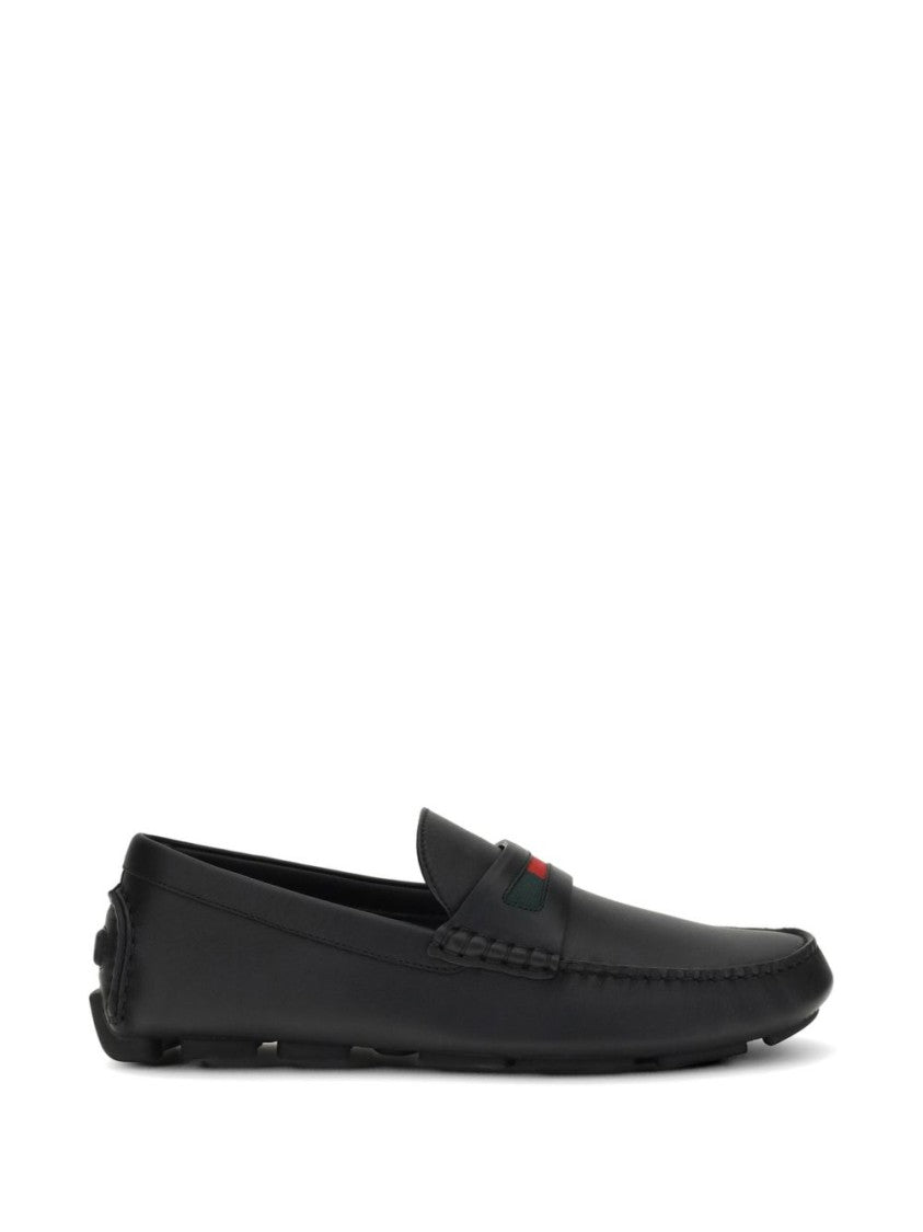 Gucci Black Leather Web Detail Loafers
