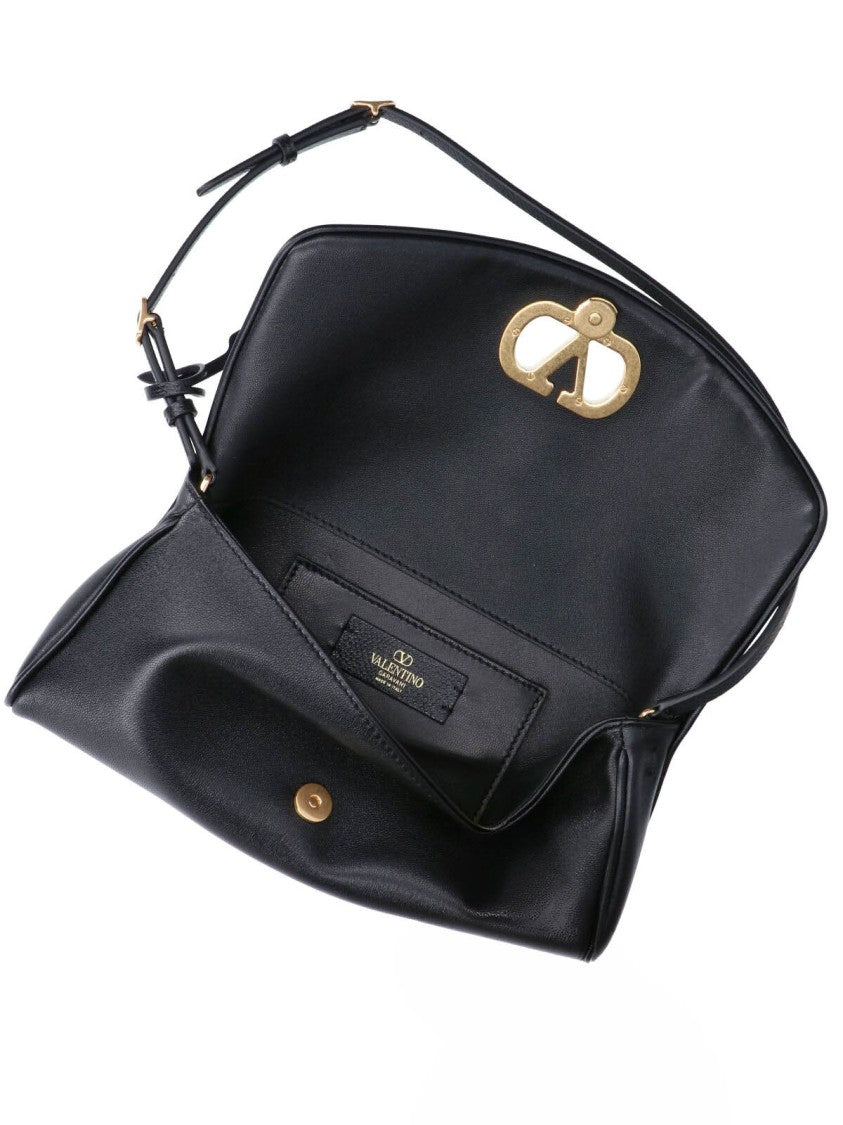 Valentino Garavani Black Structured Gold Emblem Leather Bag
