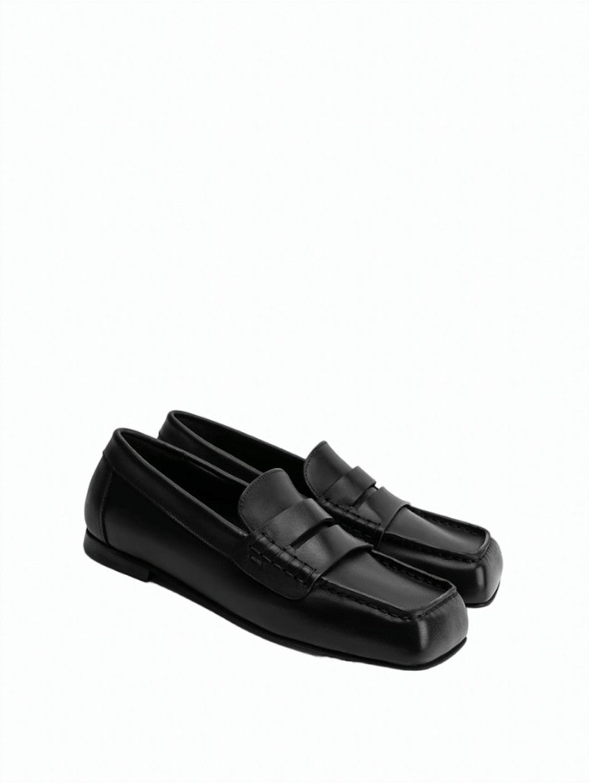 Poeve Finley Black Calfskin Square Toe Penny Loafers