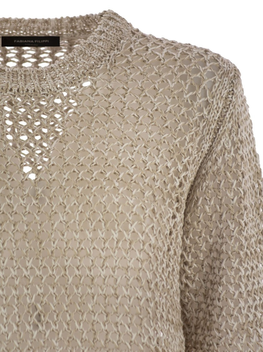 Fabiana Filippi 3/4 Sleeve Striped Crochet-Stitch Cotton Sweater