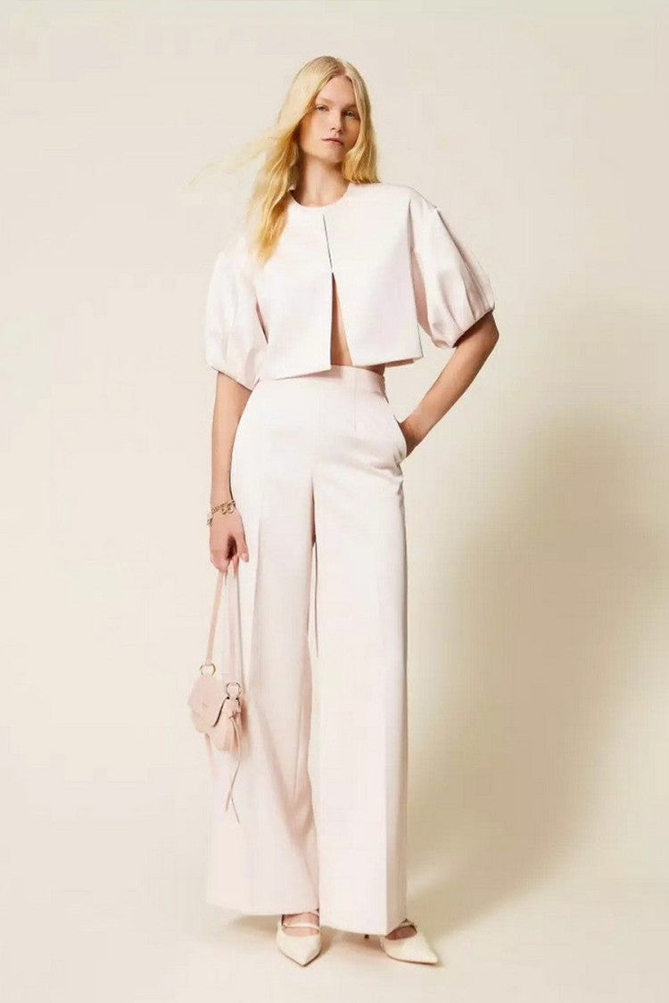 Twin-Set Sand Polyester-Viscose Cropped Balloon-Sleeve Jacket