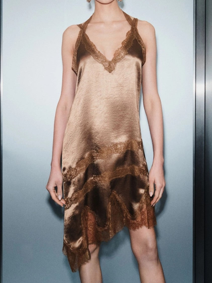 Marella Silk Slip Dress With Lace Trim And Asymmetrical Hemline