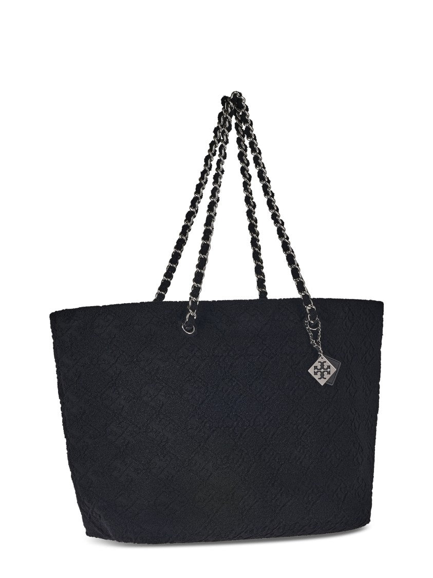 Tory Burch Textured Black Terry Chain Tote With Spacious Interior