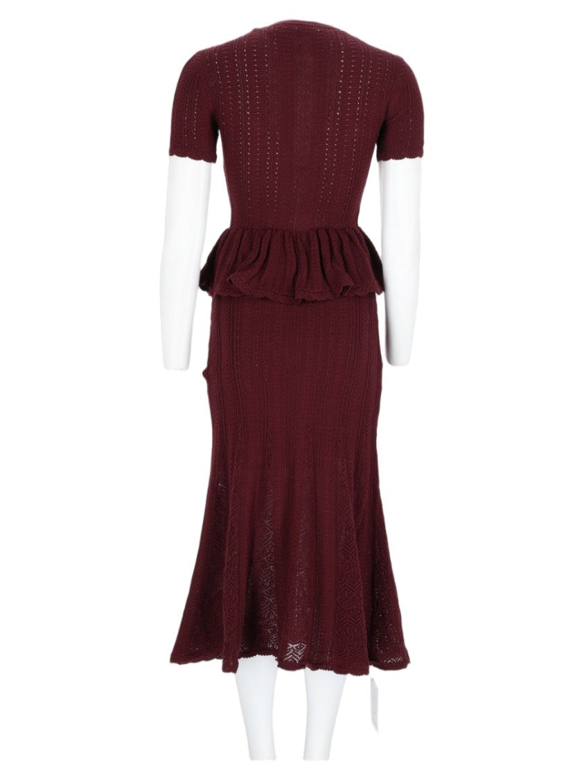 Self-Portrait Bordeaux Peplum Button Detail Cotton Midi Dress