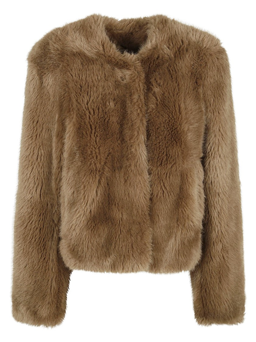 Stand Studio Cropped Faux Fur Coat With Plush Texture And Boxy Silhouette
