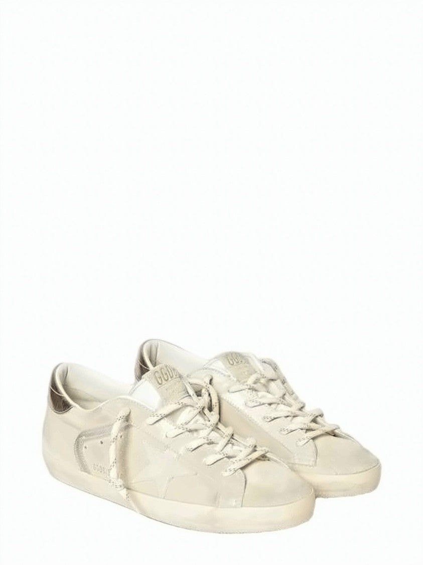 Golden Goose Distressed White Leather Low-Top Sneakers With Glitter Detail