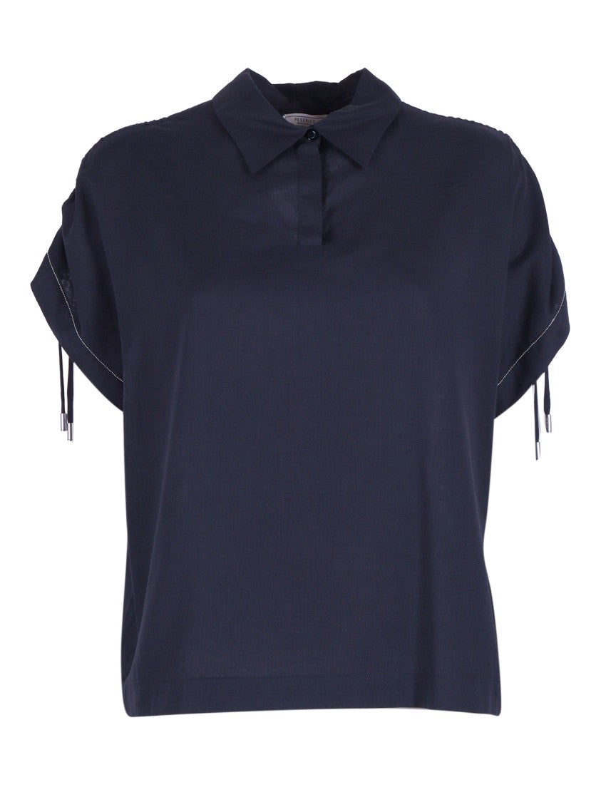 Peserico Blue Cotton Boxy Drawstring Blouse