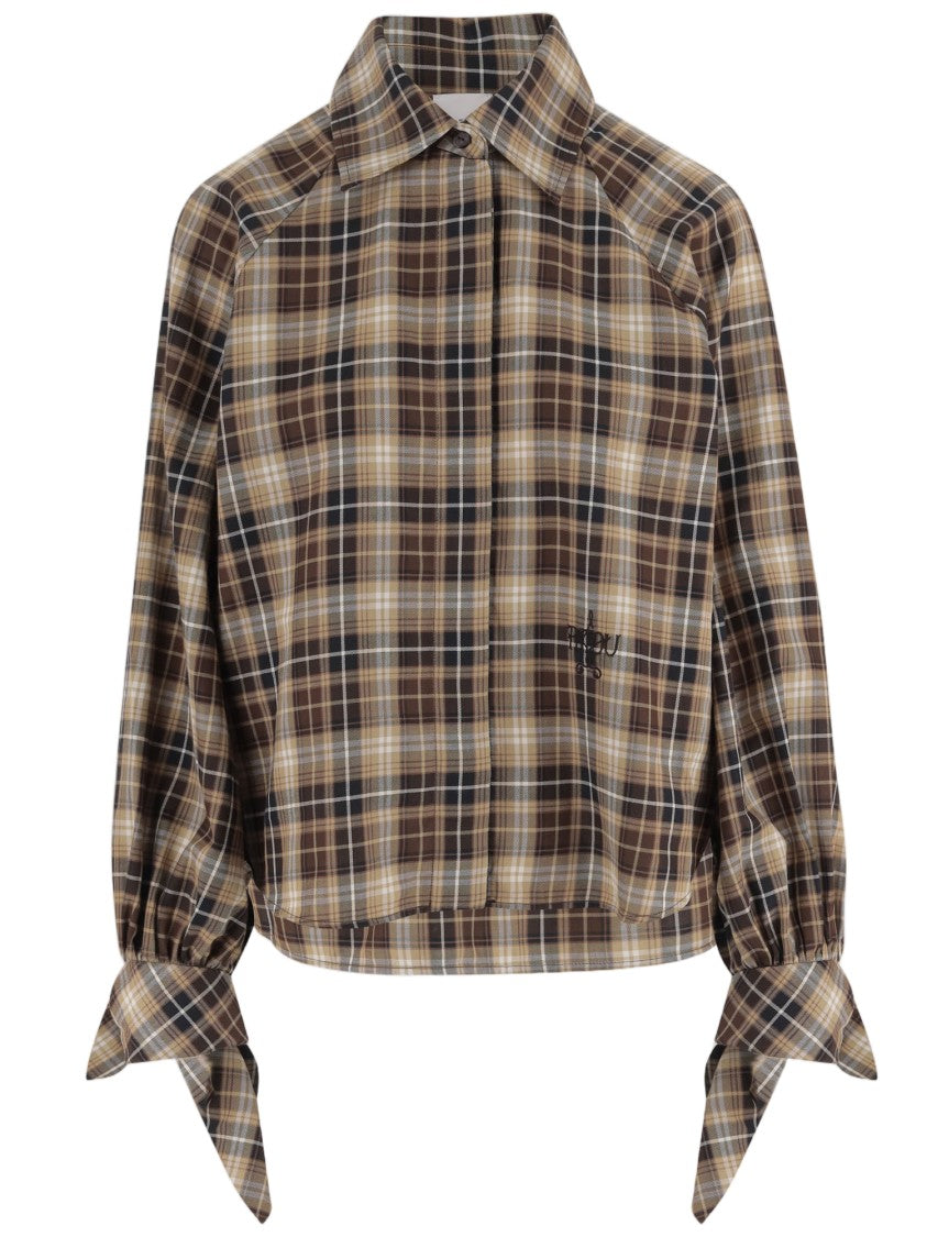 Patou Multi Checked Tied-Sleeve Cotton Blouse