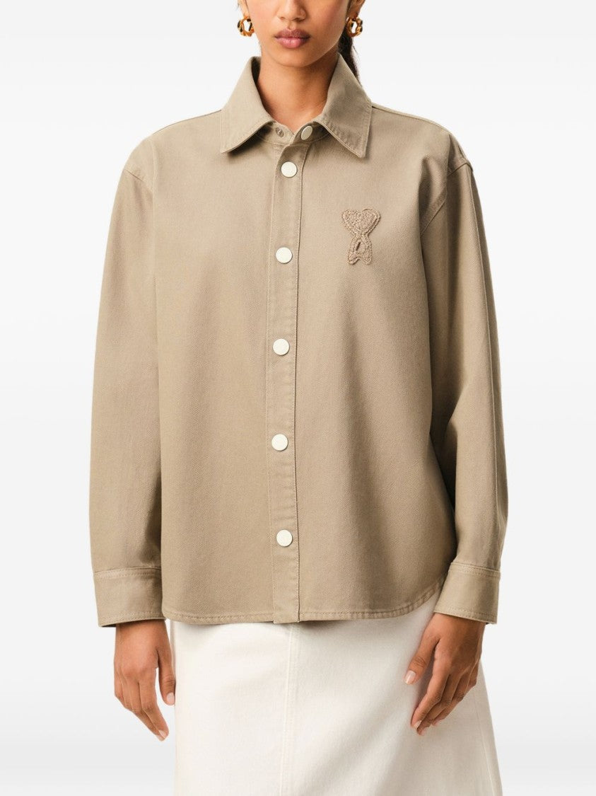 Ami Paris Beige Denim Shirt With Knitted Patch