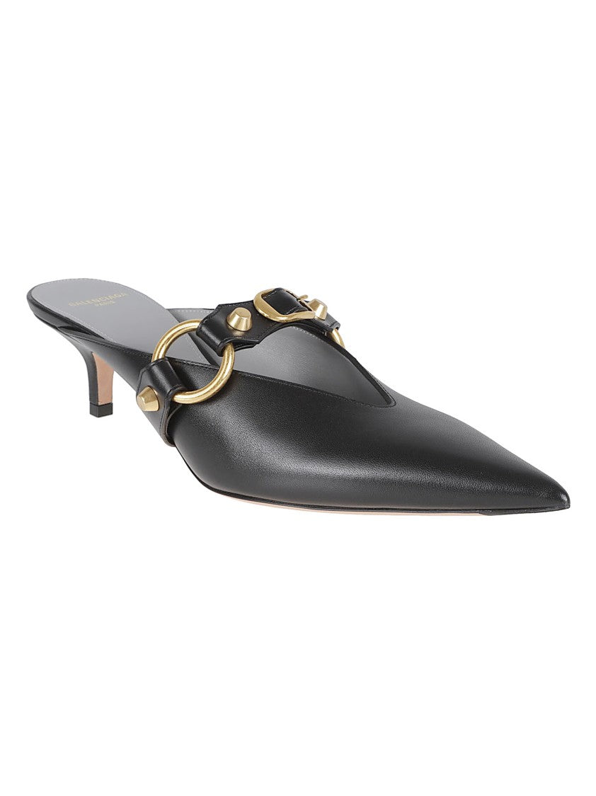 Balenciaga Pointed-Toe Black Leather Mules With Gold Hardware