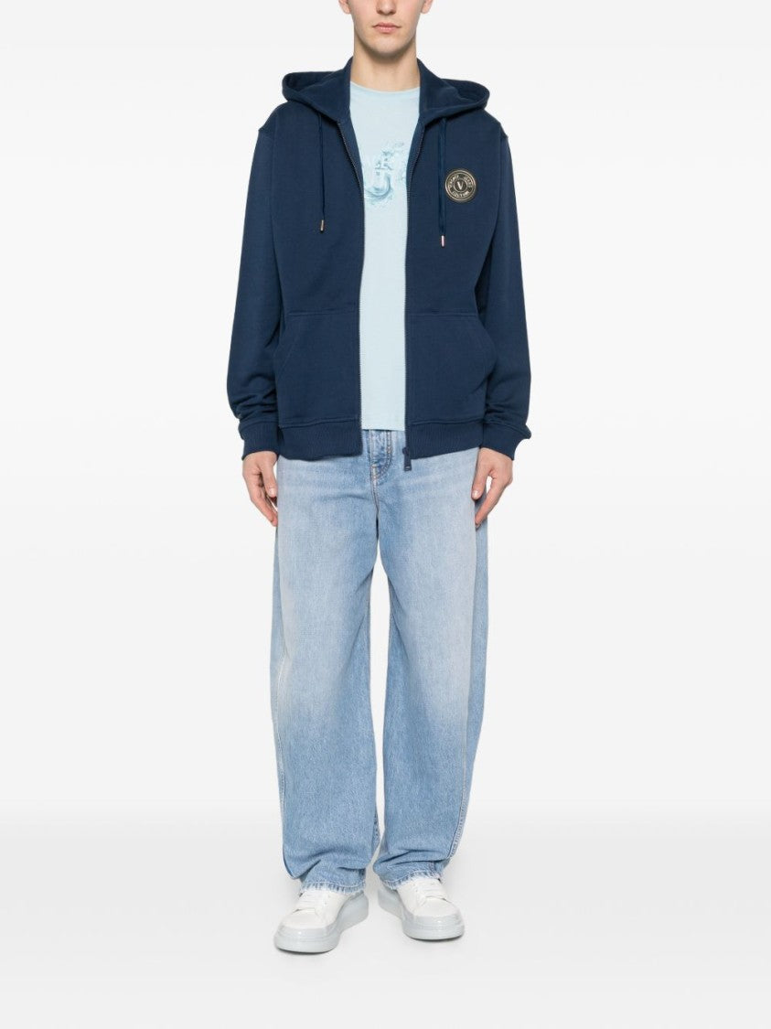 Versace Jeans Couture Navy Blue Zip-Up Hoodie With Gold Emblem