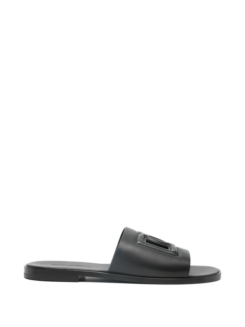 Dolce & Gabbana Black Calfskin Slide Embossed Branded Leather Slide