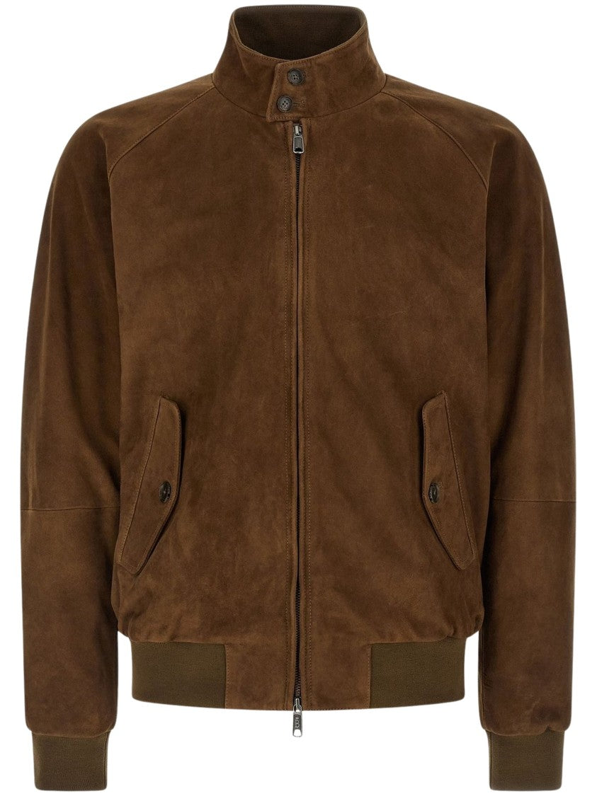 Baracuta Suede Bomber Jacket With Zip Closure And Button Collar