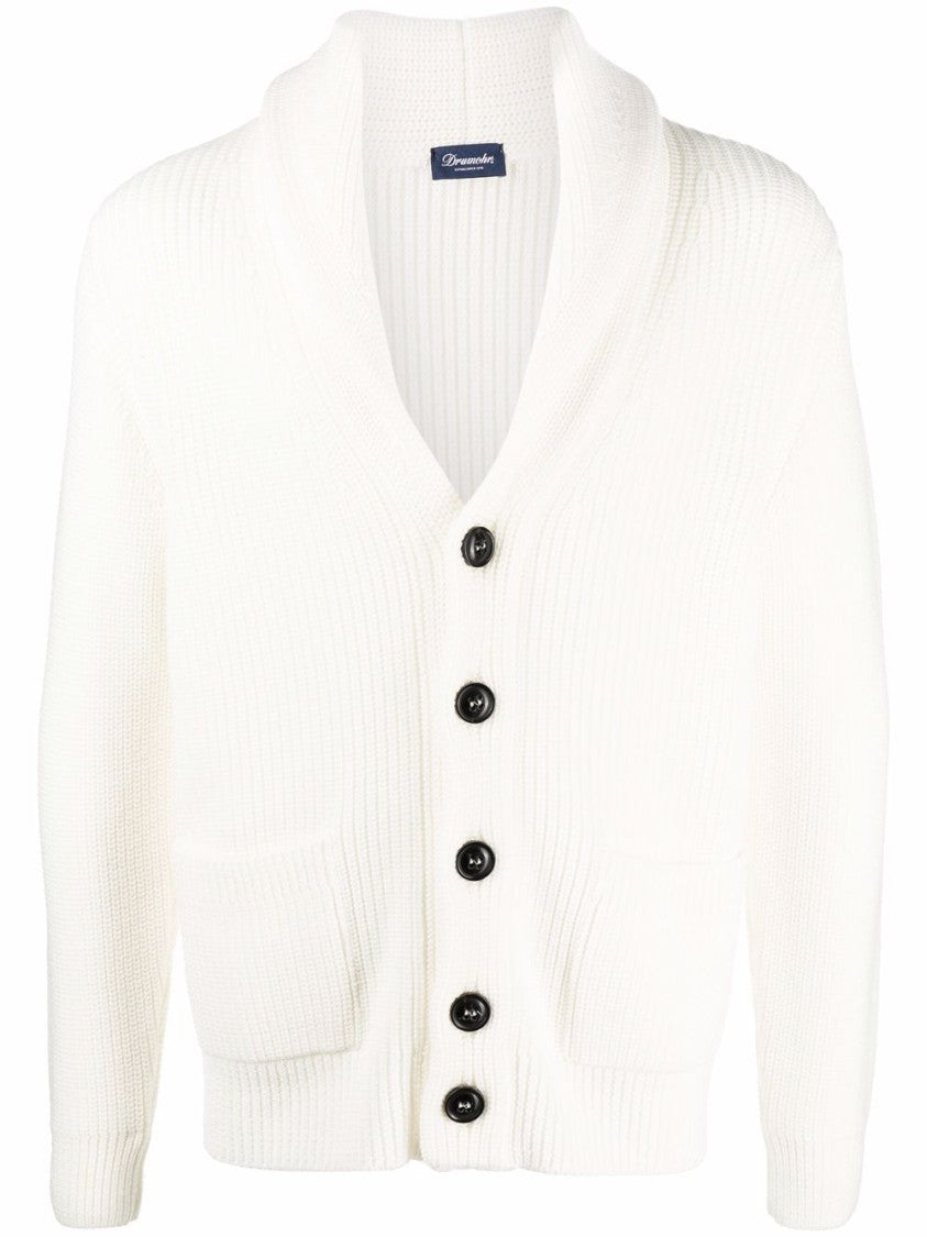 Drumohr Rib Stitch White Cardigan With Shawl Collar