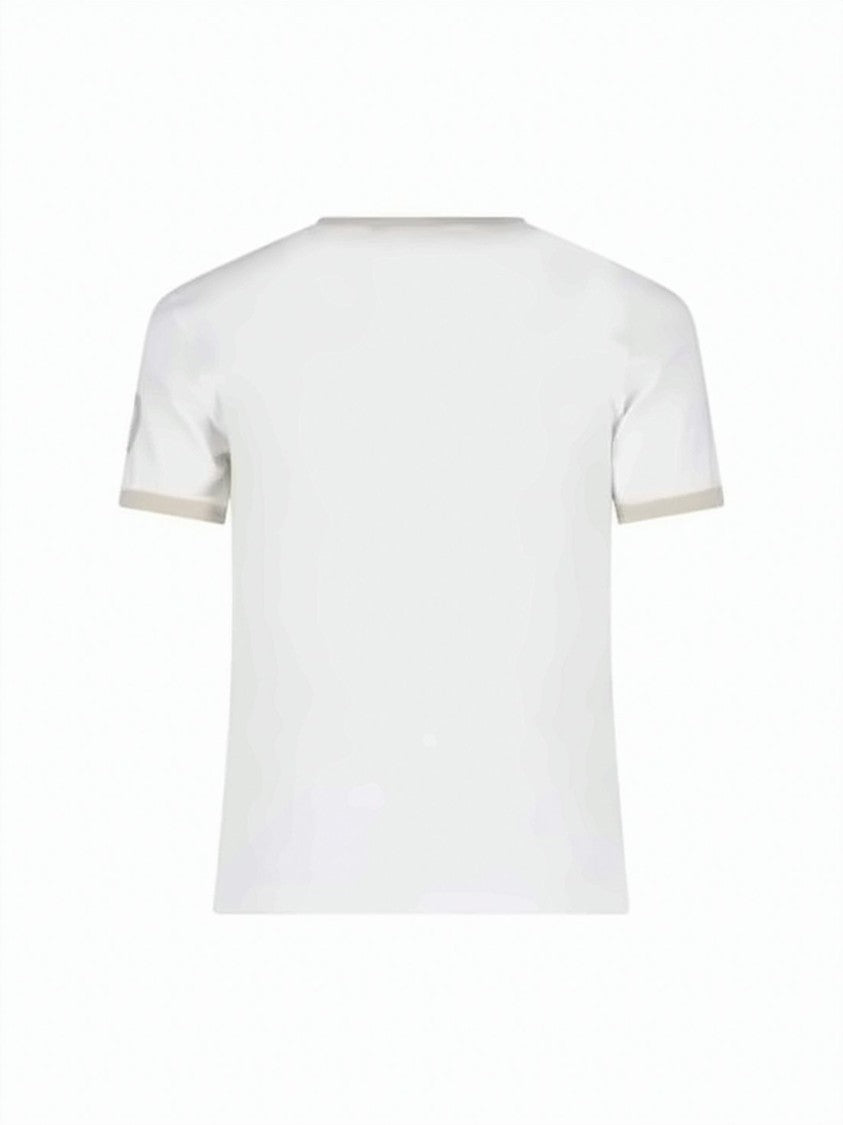 Courrèges Cropped White T-Shirt With Beige Trim And Curved Logo