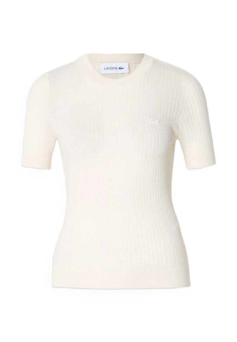 Lacoste White Short Sleeve Ribbed Knit Top