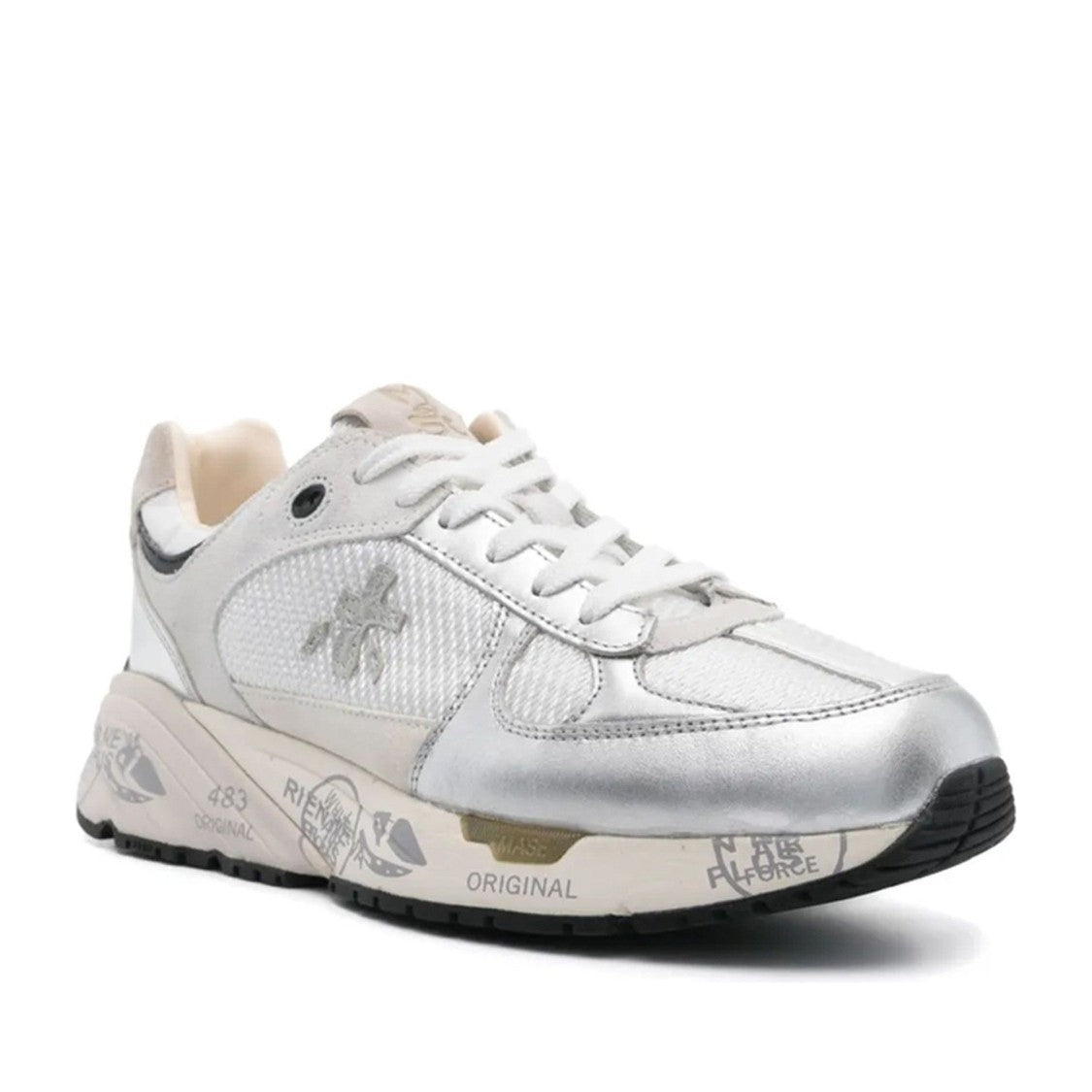 Premiata White Mased Leather Metallic Accent Sneakers