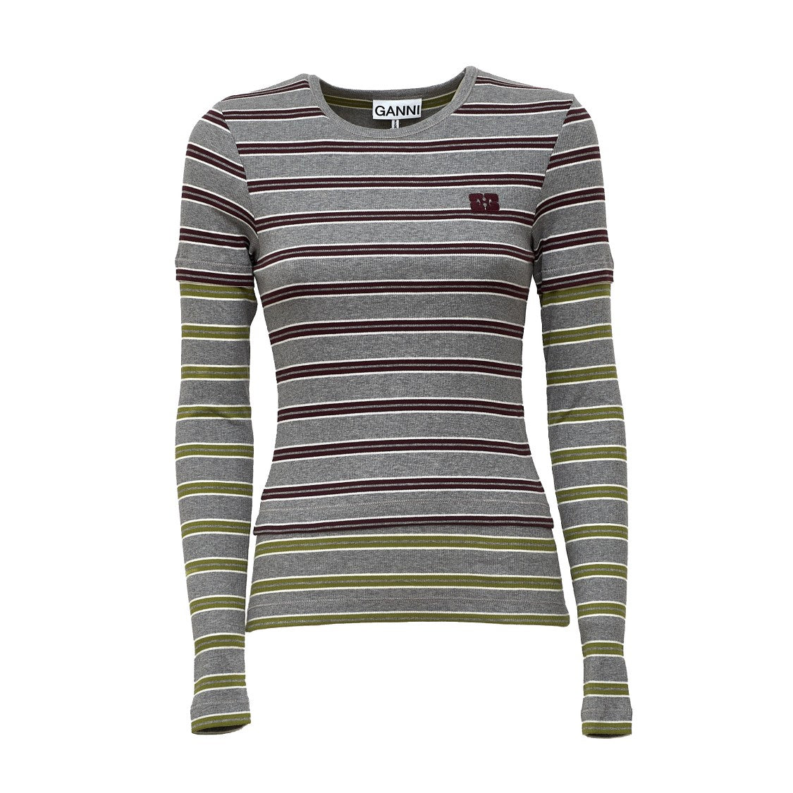 Ganni Soft Cotton Rib Double-Layer Long Sleeve Top