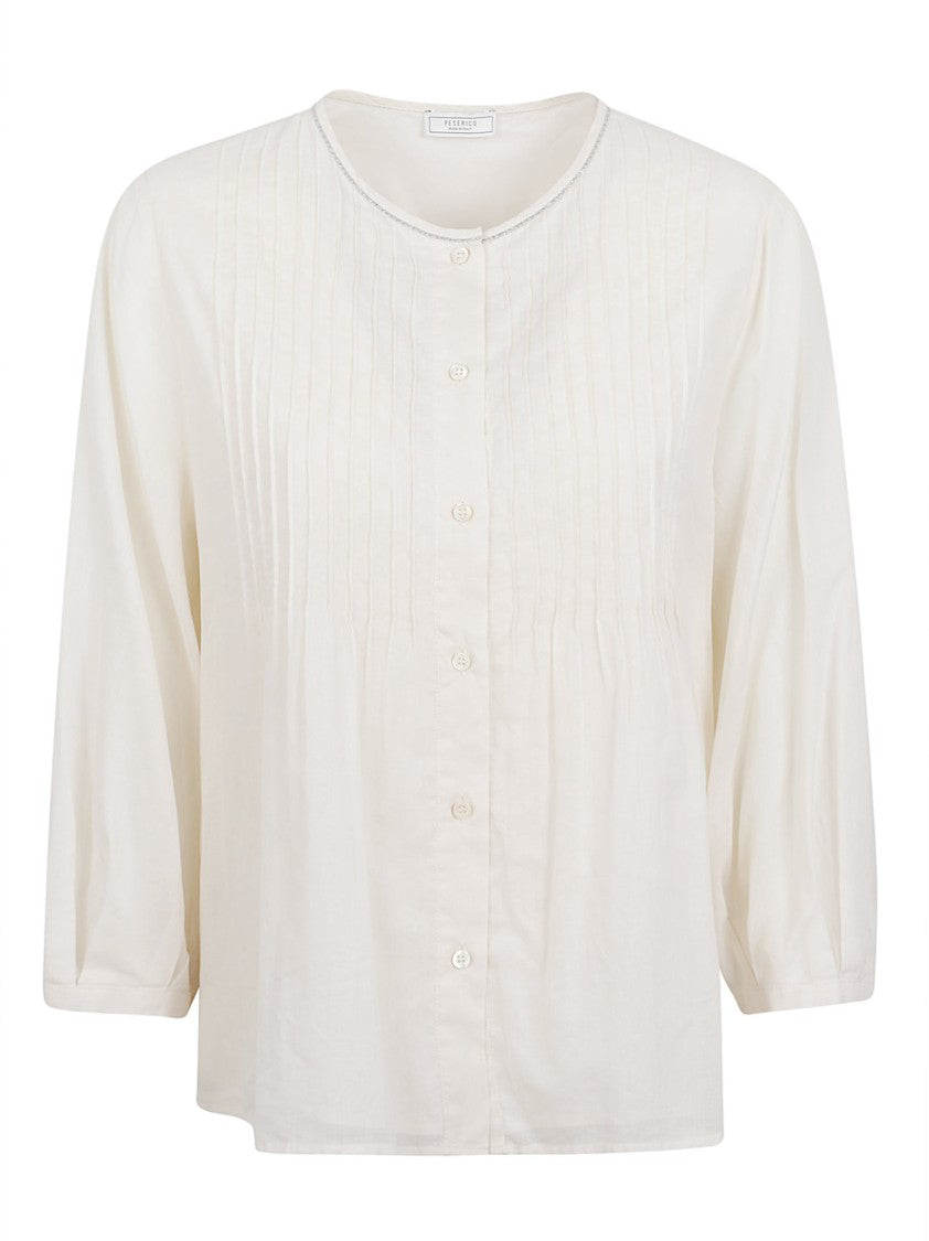 Peserico Lightweight White Shirt With Pintuck Pleats And Puff Sleeves