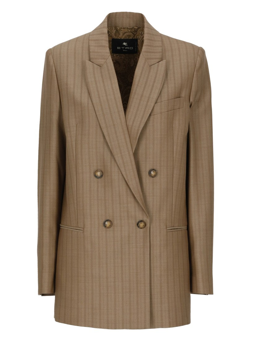 Etro Beige Double-Breasted Wool Jacket With Jacquard Stripes