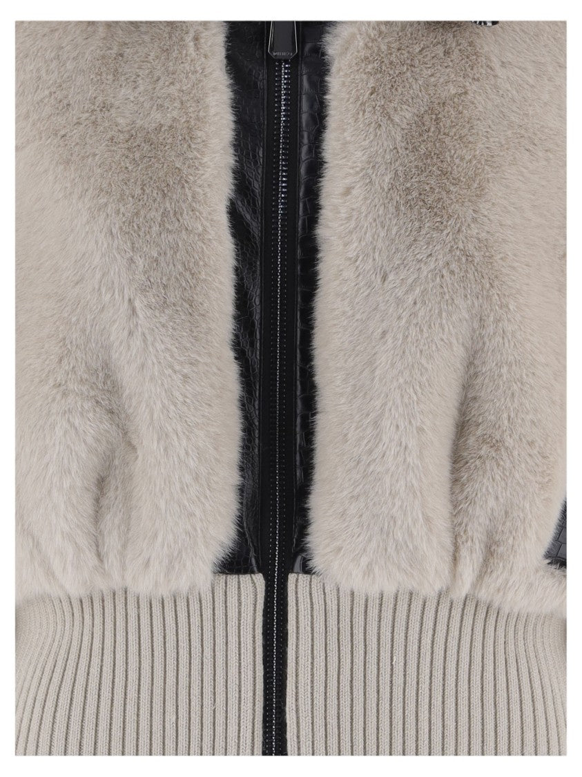 Pinko Cropped Faux Fur Coat With High Collar And Ribbed Details