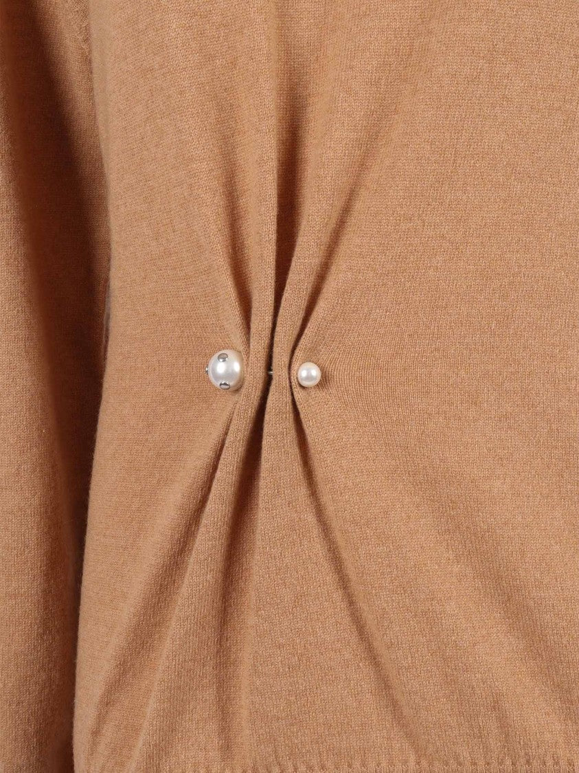 Alberta Ferretti Gathered Cashmere Sweater With Decorative Pearl Accents