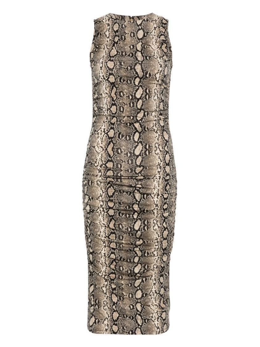 Michael Kors Beige Sleeveless Midi Dress With Snakeskin Pattern