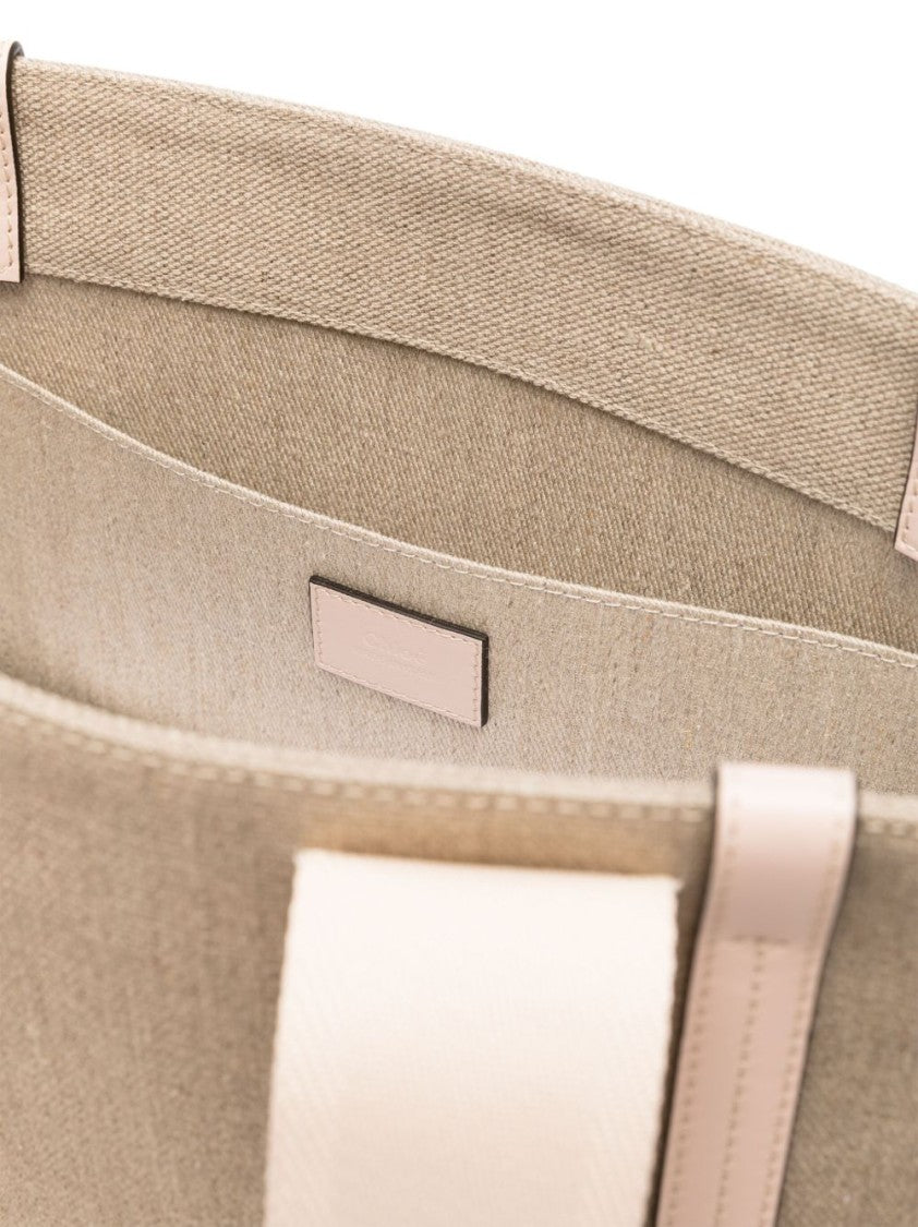Chloé Beige Woody Medium Textured Linen Tote Bag