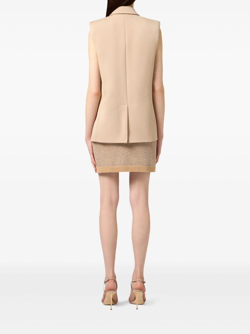 Elisabetta Franchi Beige Textured Knitted Button Mini Skirt