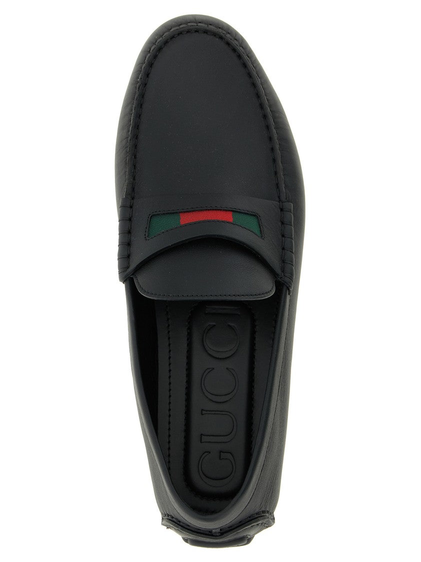 Gucci Leather Driver Loafers With Grosgrain Detail And Textured Sole