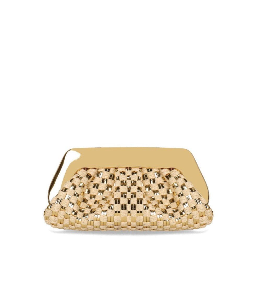 Themoirè Emera Micro Weaved Straw Laminated Gold Clutch Bag