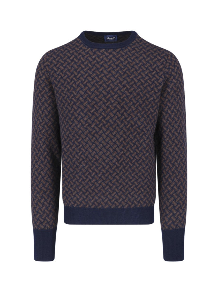 Drumohr Blue Brown All-Over Pattern Cashmere Sweater