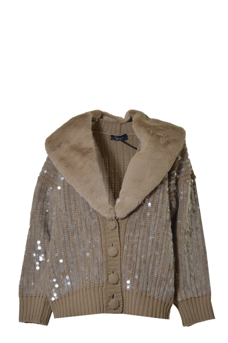 Blumarine Camel Virgin Wool Cardigan With Sequins