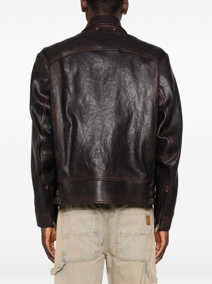 Golden Goose Structured Brown Sheep Leather Jacket With Classic Collar