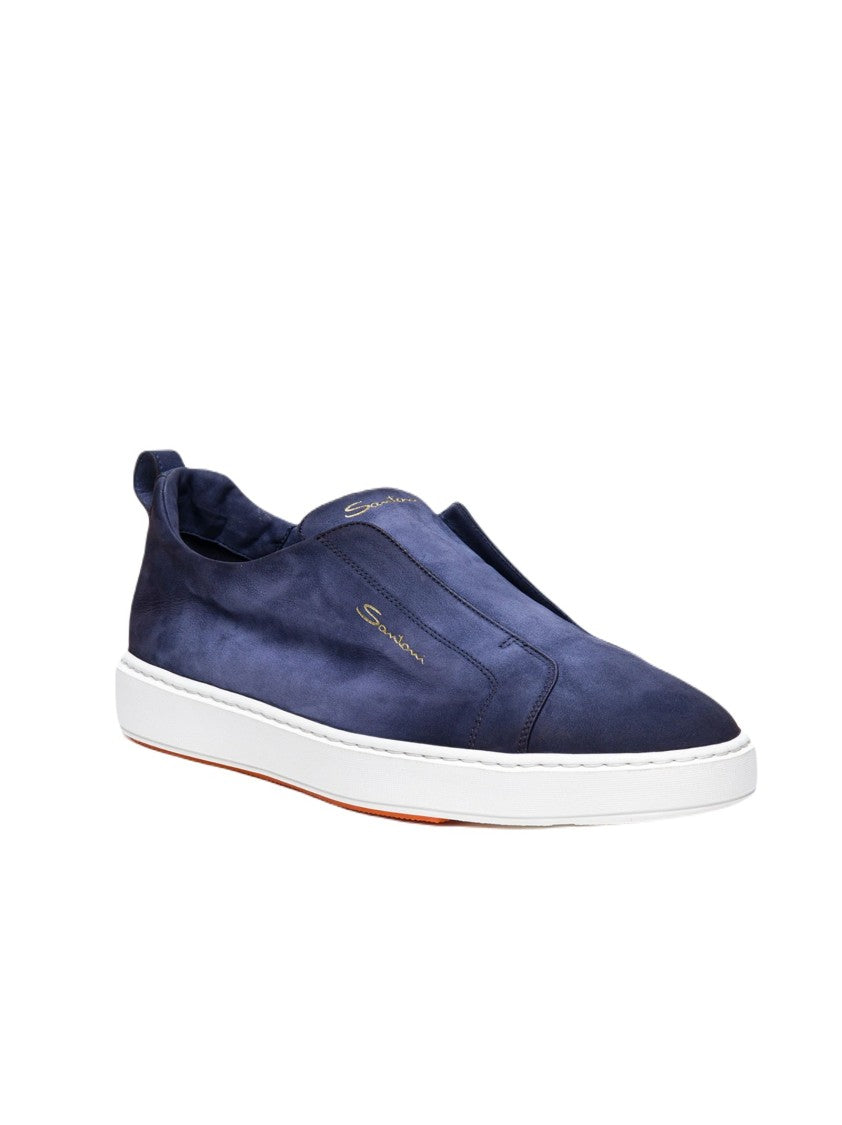 Santoni Slip-On Suede Sneakers With Rounded Toe And Decorative Buckle