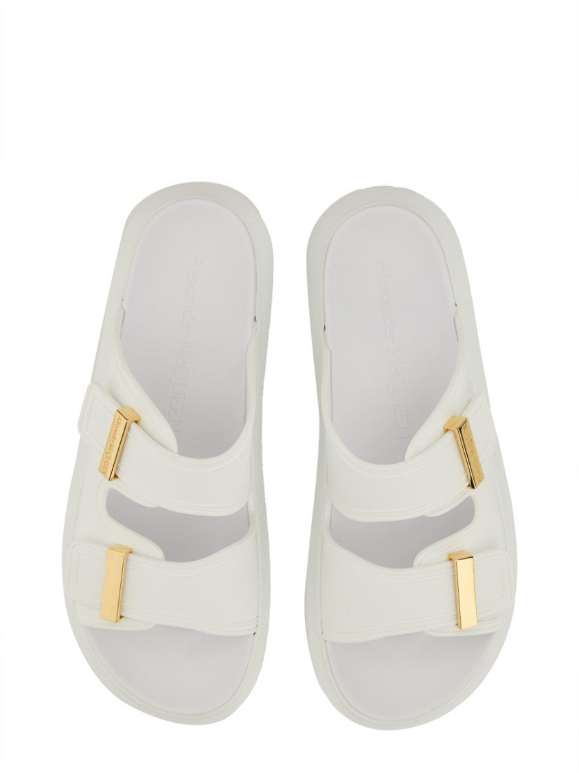 Alexander Mcqueen Gold Oversized Buckles Slide Sandals