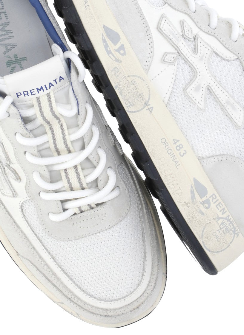 Premiata White Nous 8234 Suede-Blend Distressed Sneakers
