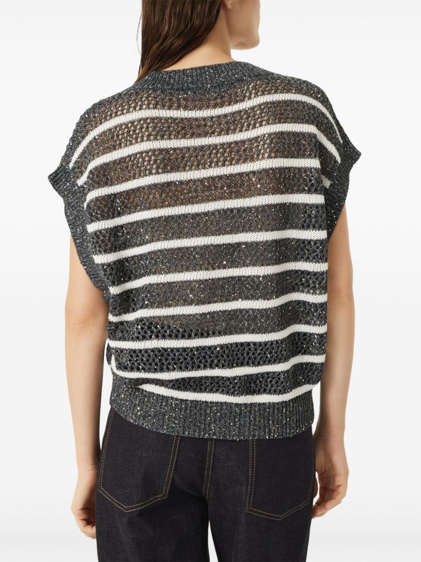 Brunello Cucinelli Sleeveless V-Neck Knitwear With Ribbed Trim