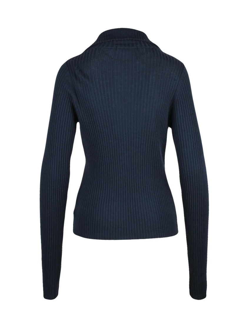 Kristensen Du Nord Blue Ribbed Zip-Neck Cashmere-Merino Sweater