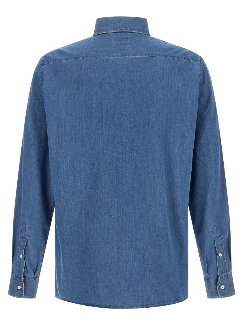 Brunello Cucinelli Light Blue Cotton Denim Shirt With Classic Collar