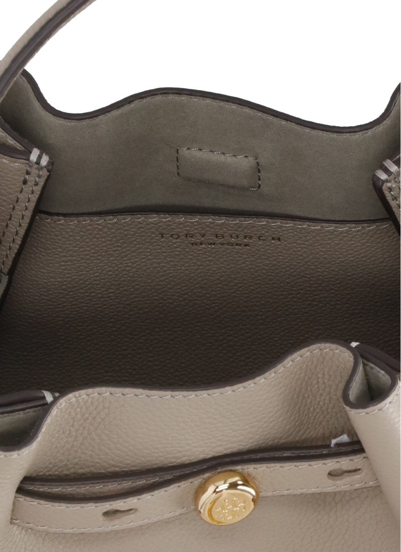 Tory Burch Beige Gold Logo Leather Bucket Bag