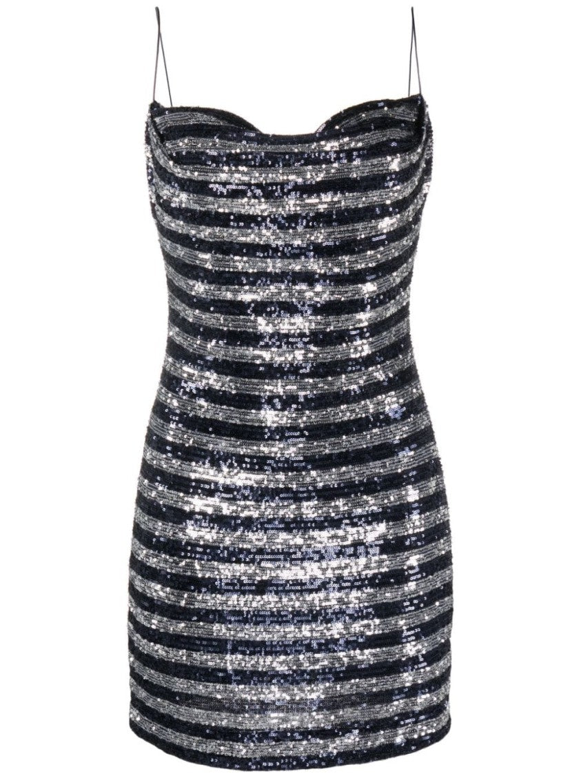 Balmain Sequinned Navy And Silver Striped Minidress