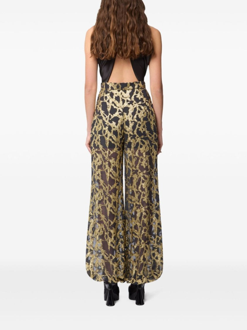 Nina Ricci Gold Marble-Effect Silk Wide-Leg Trousers