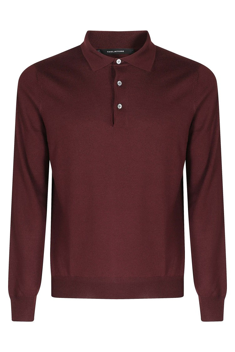Tagliatore Burgundy Long-Sleeve Merino Wool Polo Shirt