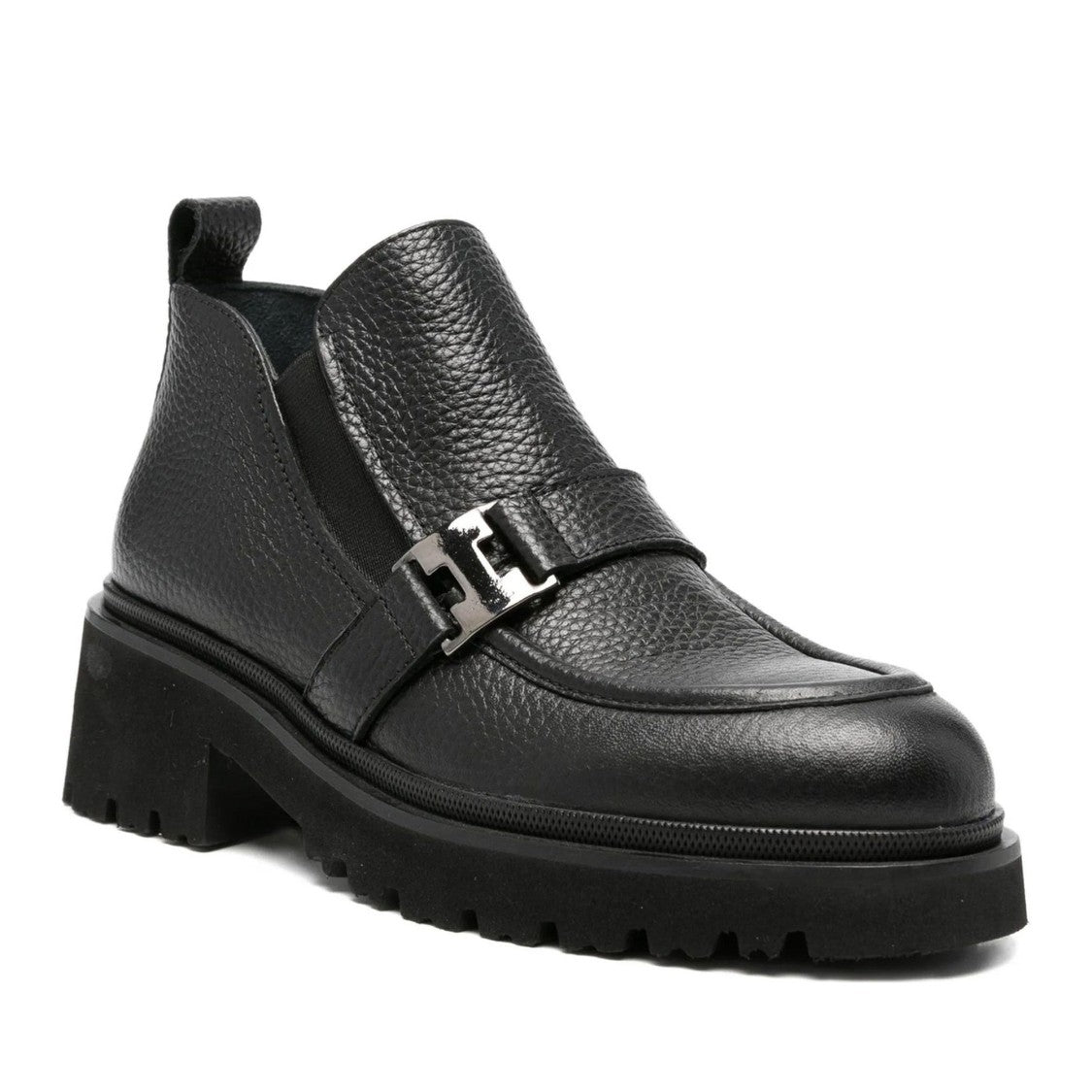 Adrianna Feretti Black Chunky Block Heel Metallic Buckle Leather Loafers