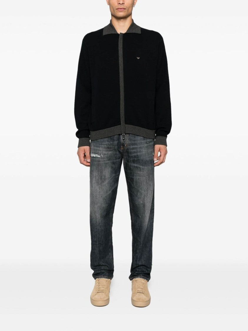 Emporio Armani Black Zip-Closure Sweater With Contrasting Ribbed Trim